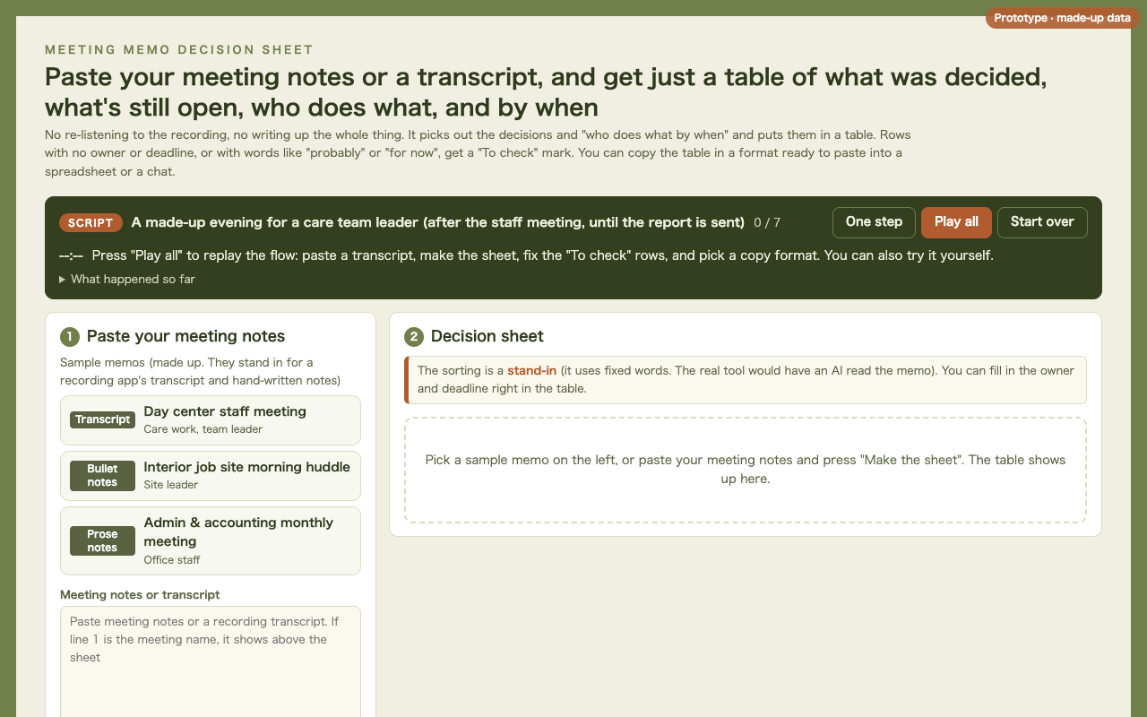 Screenshot of "Meeting Memo Decision Sheet"