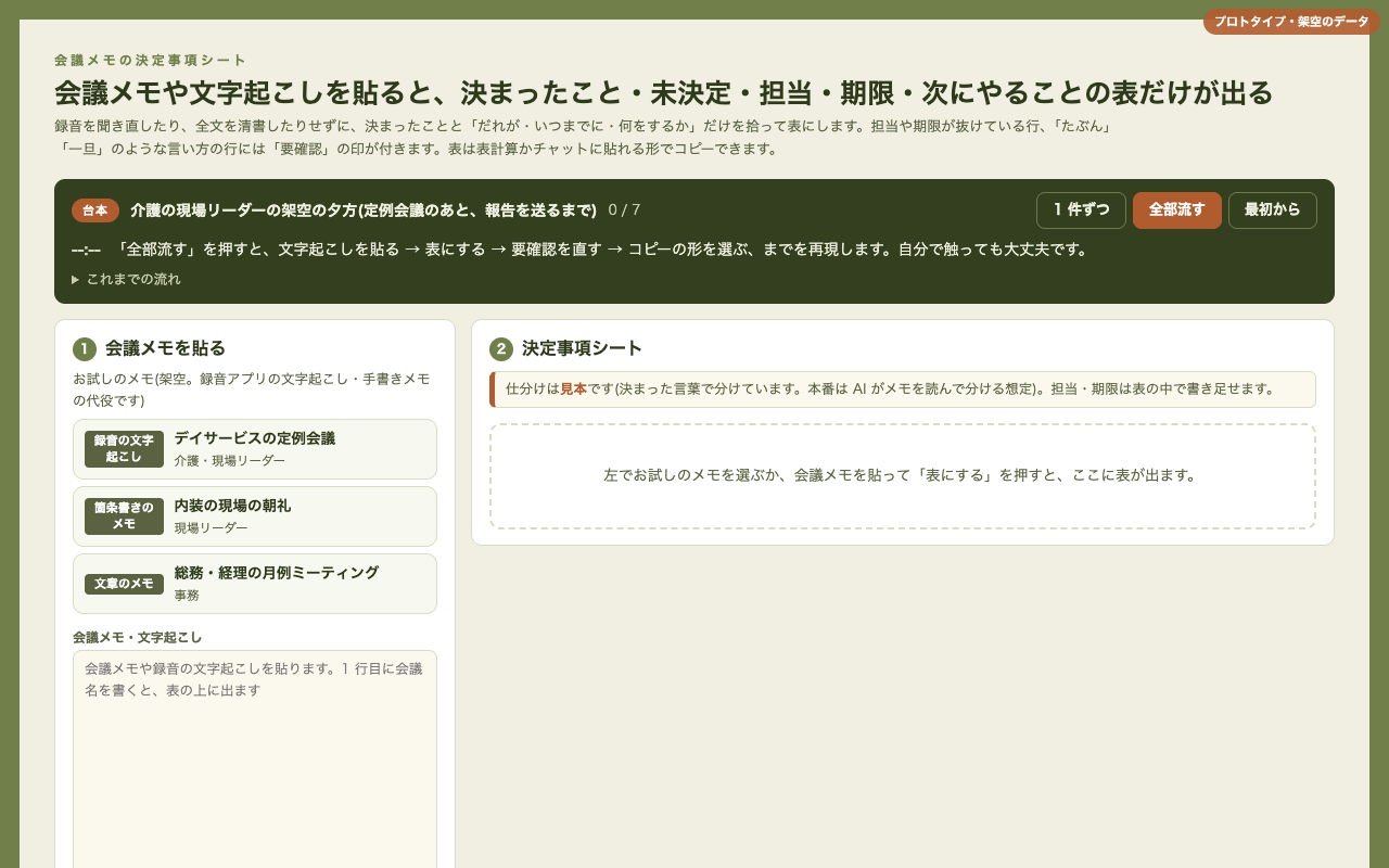 「会議メモの決定事項シート」の画面